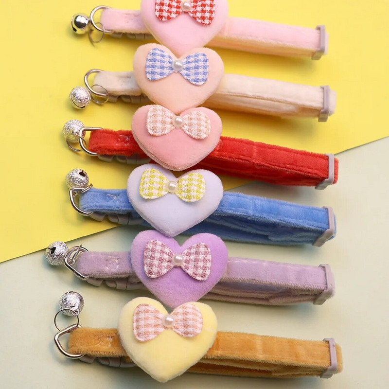 Armas kassi kaelarihm, süda vibu ja kellukesekassi kaunistused Macaroni värvi pehme samet reguleeritav kaelarihm 6 värvi lemmiklooma tarvikud