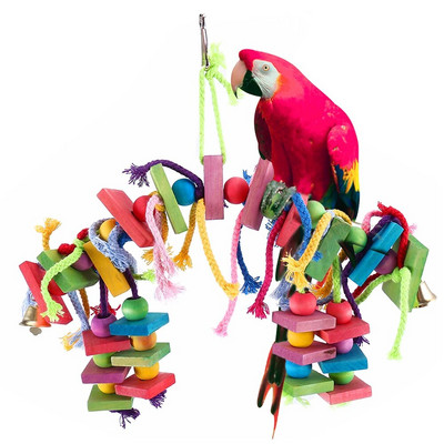 Parrot Chew Toy Multicolored Wooden Cotton Rope Birds Toy Bite Bridge Parrot Foraging Tearing Cockatiels Training Hang Swings