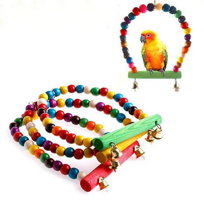 1 db természetes fából készült papagájok hinta játék madarak színes gyöngyök madarak kellékek harangok játékok süllő akasztó hinták ketrec háziállatok számára