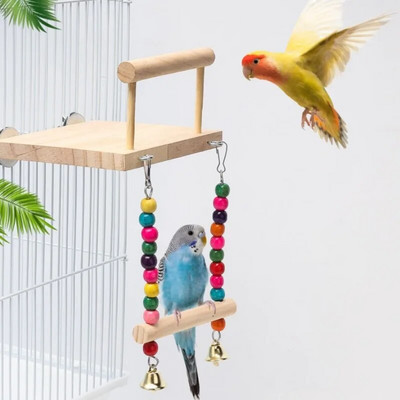Bird Swing Toy Wooden Parrot Perch Stand Playstand with Chewing Beads Cage Playground for Budgie Birds