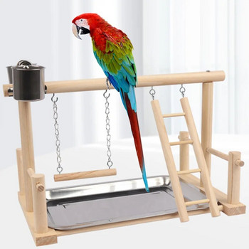Масивно дърво Pet Parrot Playstand Parrots Bird Playground Bird Plays Stand Дървена кацалка Детска площадка Стълба със стоманена плоча за хранене