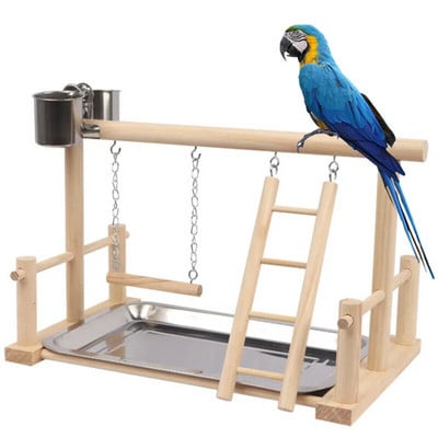 Масивно дърво Pet Parrot Playstand Parrots Bird Playground Bird Plays Stand Дървена кацалка Детска площадка Стълба със стоманена плоча за хранене