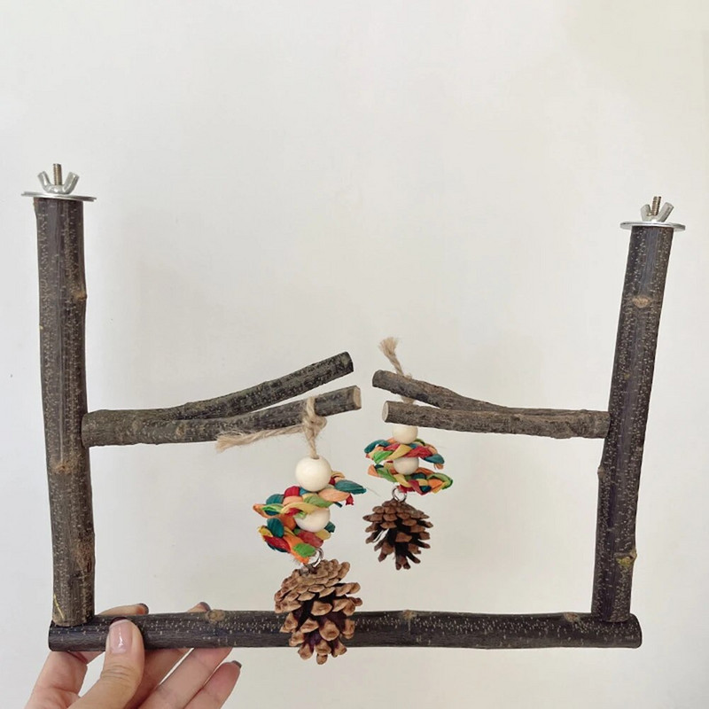 Paukščių ešerių stovas su kankorėžiais ir virviniais papūgos kramtomaisiais žaislais.