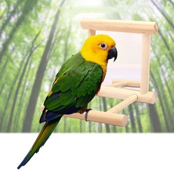 Parrot Toy Mirror Bird Cage Stand Ξύλινη βάση για πουλί Perch Cage Κρεμαστό παιχνίδι Budgie Parakeet Cockatiels Budgie