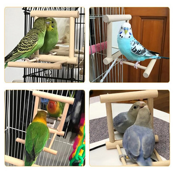 Parrot Toy Mirror Bird Cage Stand Ξύλινη βάση για πουλί Perch Cage Κρεμαστό παιχνίδι Budgie Parakeet Cockatiels Budgie