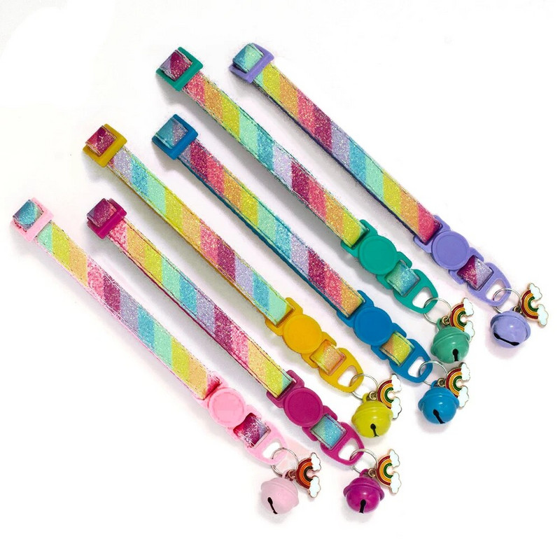 Котешки нашийник Rainbow с предпазна камбана Ежедневен найлонов нашийник за кучета Основна тренировъчна каишка за врата за малки и средни кучета Котки Аксесоари за домашни любимци