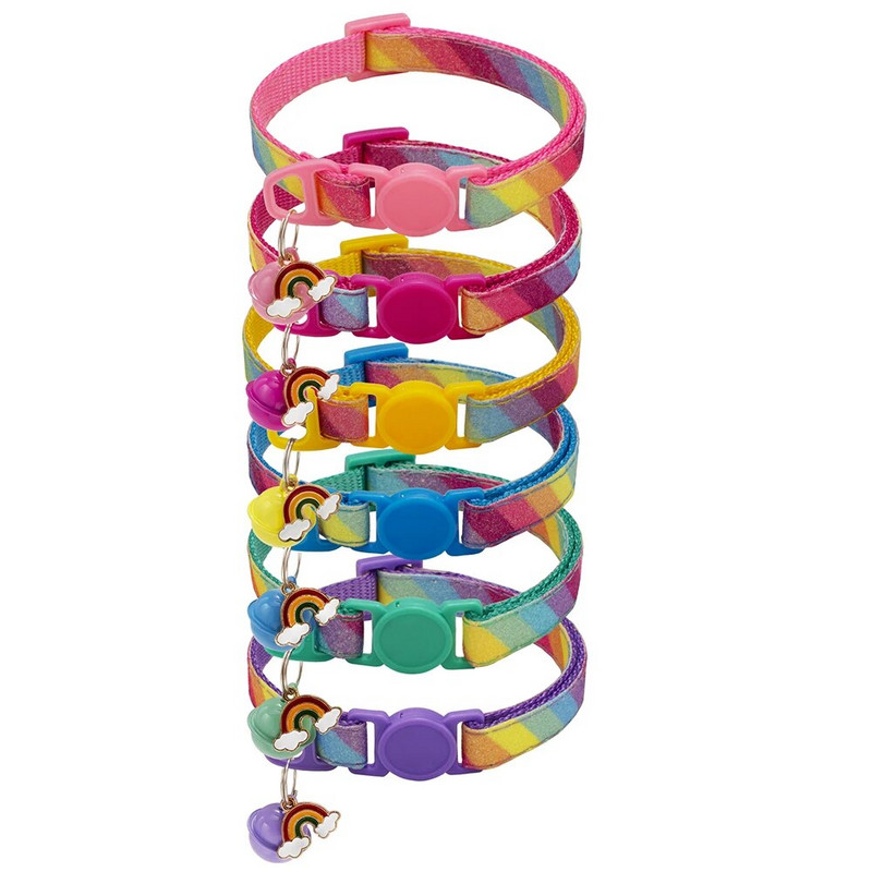 Сладък нашийник за кучета Rainbow за безопасност на котки, домашни кучета, регулируема каишка за врата със звънец, чихуахуа, коте, кученце, нашийник за кучета, аксесоари за домашни любимци