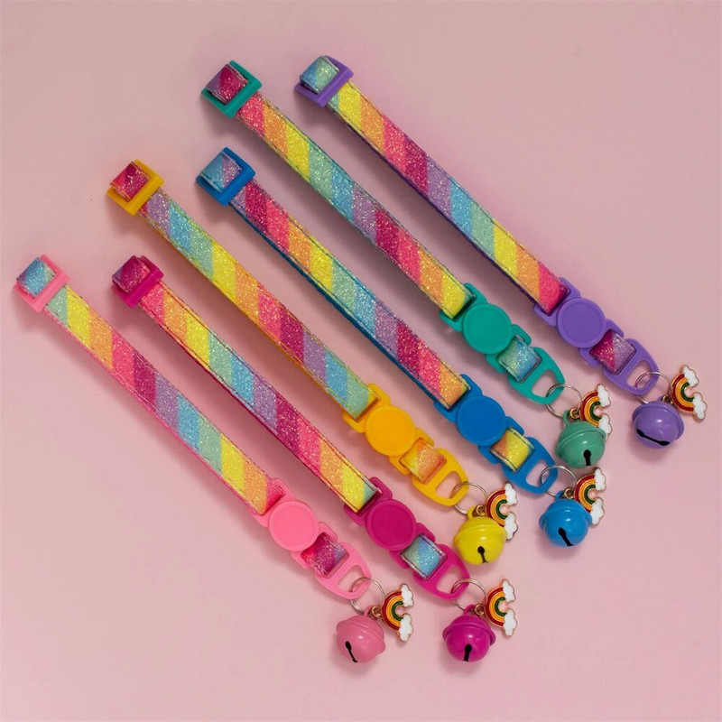 Сладък нашийник за кучета Rainbow за безопасност на котки, домашни кучета, регулируема каишка за врата със звънец, чихуахуа, коте, кученце, нашийник за кучета, аксесоари за домашни любимци