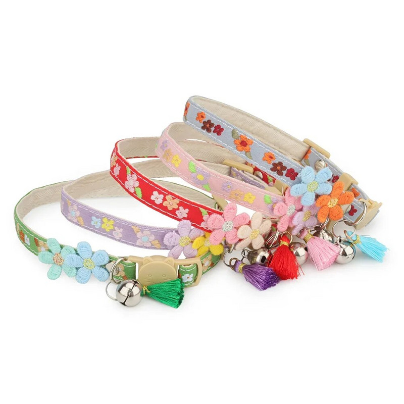 Нашийник за котки за домашни любимци с дантела на звънец, цветя, нашийник за домашни любимци, висулка с пискюли, бързо освобождаваща се катарама за предотвратяване на задушаване на котки, консумативи за кученца