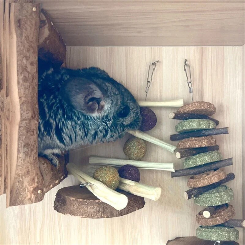 Хамстери Играчка за дъвчене Hays Лакомство за малки животни Почистване на зъбите Висящи дървени клонки Бамбук Пръчка Играчка за трева за зайци