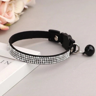 Котешка яка от мека велурена кожа Bling Rhinestone Cats Collars with Bell Safety Breakaway Pet Puppy Колие Adjustable XS S Pink