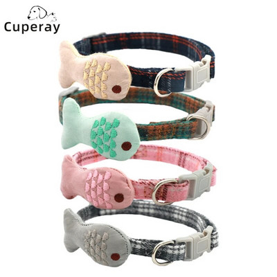 Pet Collar Adjustable Cat Accessory Collar with Small Fish Decoration Plaid Fabric Dog Collars for Kittens Puppies Pet Products