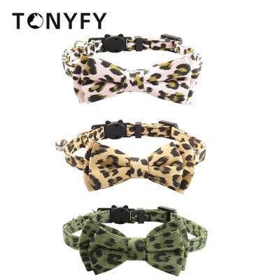 Pet Leopard Cat Collar with Bell Adjustable Puppy Bow Necklace Outdoor Safety Anti-choking for Small Pets Walking Accessories