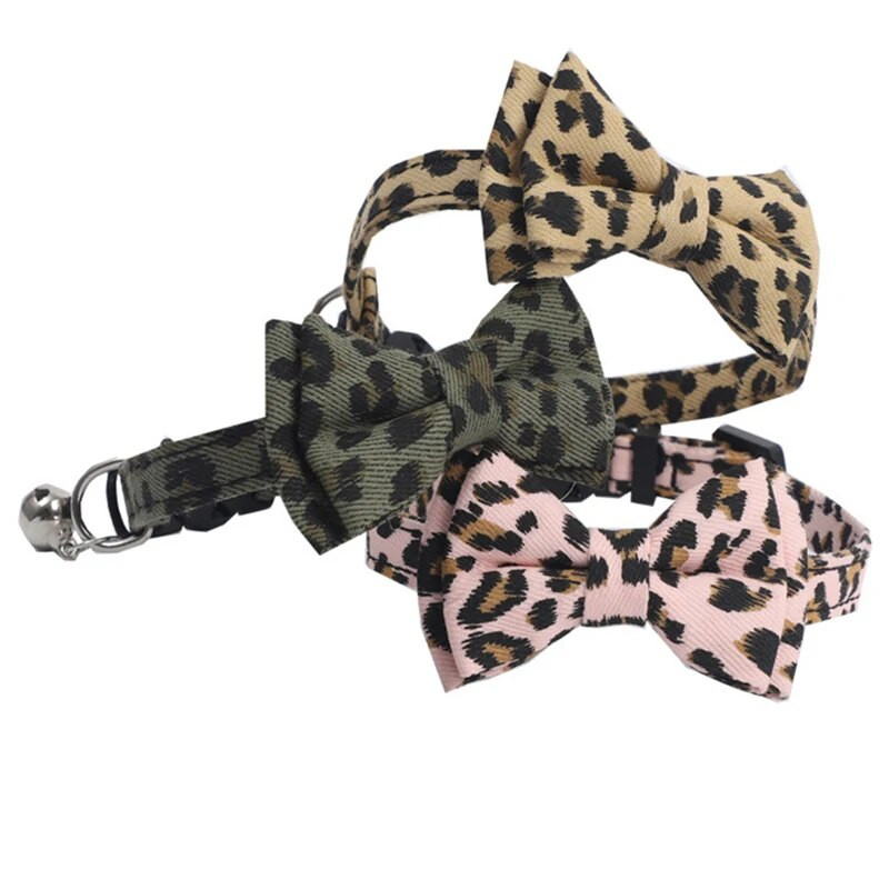 Нашийник за котки с леопард за домашни любимци и звънец, регулируемо колие с лък за кученца, безопасност на открито, против задушаване за малки домашни любимци, аксесоари за разходка