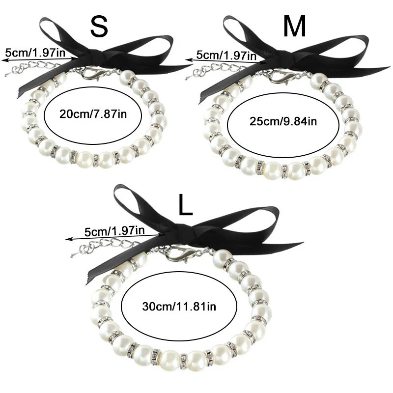 Сладък домашен любимец Перлена огърлица Панделка Лък Котка Нашийник за куче Странични кристали Регулируема верига Яка Вратовръзка Бижута за домашни любимци