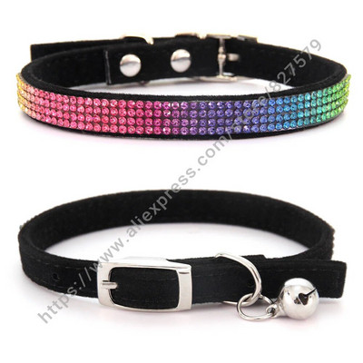 Spīdīga Rhinestone mājdzīvnieku kakla siksna, regulējamas kaķu suņu kaklasiksnas ar zvaniņu kucēnu kaķēnu rotājumu aksesuāri, ādas flokēšana