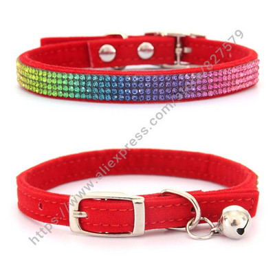 Spīdīga Rhinestone mājdzīvnieku kakla siksna, regulējamas kaķu suņu kaklasiksnas ar zvaniņu kucēnu kaķēnu rotājumu aksesuāri, ādas flokēšana