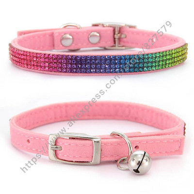 Spīdīga Rhinestone mājdzīvnieku kakla siksna, regulējamas kaķu suņu kaklasiksnas ar zvaniņu kucēnu kaķēnu rotājumu aksesuāri, ādas flokēšana