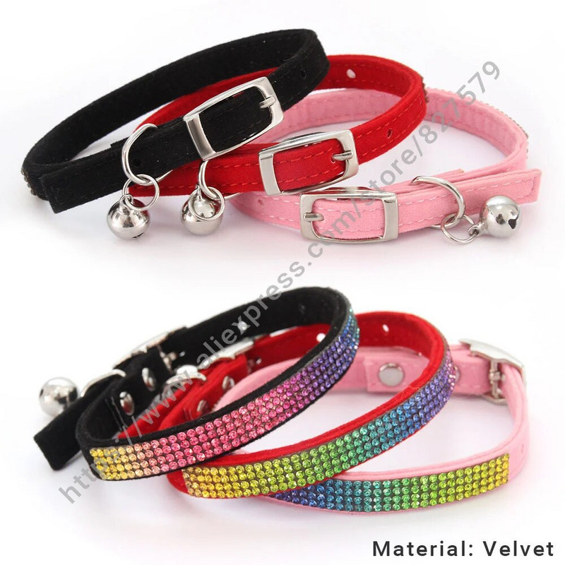 Блестящ нашийник за домашни любимци със страз, предпазен, регулируем, нашийник за котка, куче със звънец, кученце, коте, аксесоари за декорация, кожени флокирани