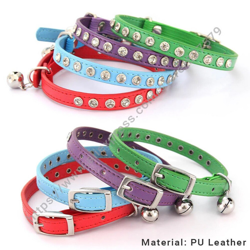 Блестящ нашийник за домашни любимци със страз, предпазен, регулируем, нашийник за котка, куче със звънец, кученце, коте, аксесоари за декорация, кожени флокирани