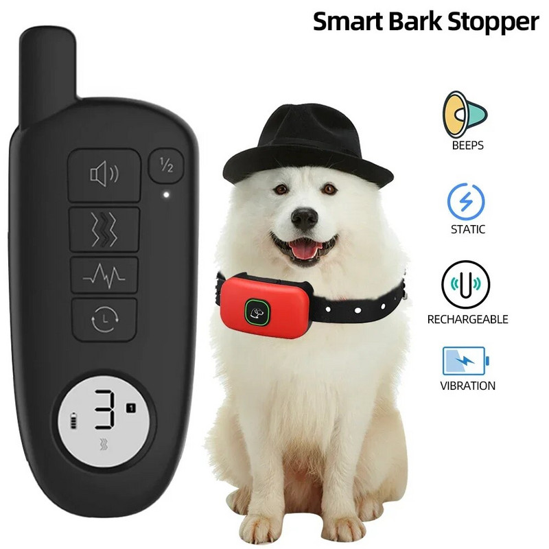Нашийник за обучение на кучета с обхват 1000 фута Водоустойчив на електрически удар Вибрационен звук Нашийник за лаене на кучета за дресьор на малки, средни и големи кучета