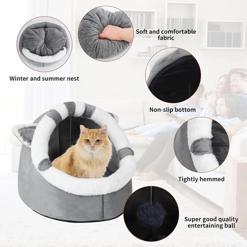 Котешко легло Pet Cave Bed Мека котешка къща Уютна палатка Cat Nest Bed Warm Cat Cave Sleeping Bed for Cats Puppy Cosy Pet Cushion Bed