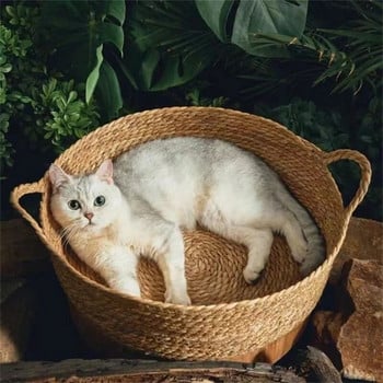 Cat Gog Bed Rattan Four Season Cat Bed Summer Cool Nest Pet Cat Supplies Cattail Woven House Nest Cama De Mimbre Para Mascotas