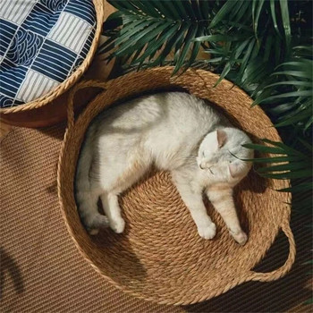 Κρεβάτι Cat Gog Rattan Κρεβάτι για γάτα τεσσάρων εποχών Καλοκαιρινή δροσερή φωλιά κατοικίδιων ζώων προμήθειες για γάτες Cattail Woven House Nest Cama De Mimbre Para Mascotas