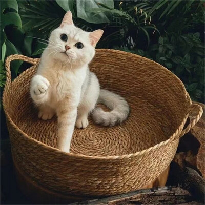 Katės gogo lova iš rotango keturių sezonų kačių lova Vasaros vėsios Nest Pet Cat reikmenys Cattail Woven House Nest Cama De Mimbre Para Mascotas