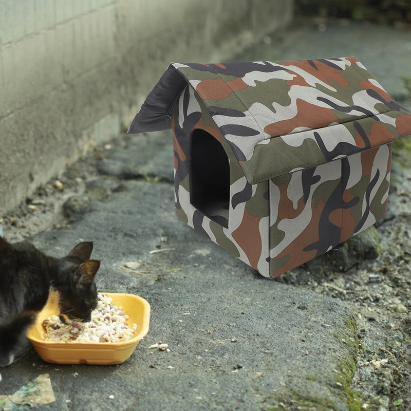 Повишена котешка къща Водоустойчив подслон за домашни любимци Устойчива на атмосферни влияния Изолирана отопляема котешка къща Външна сгъваема котешка къща Поддържа топлина