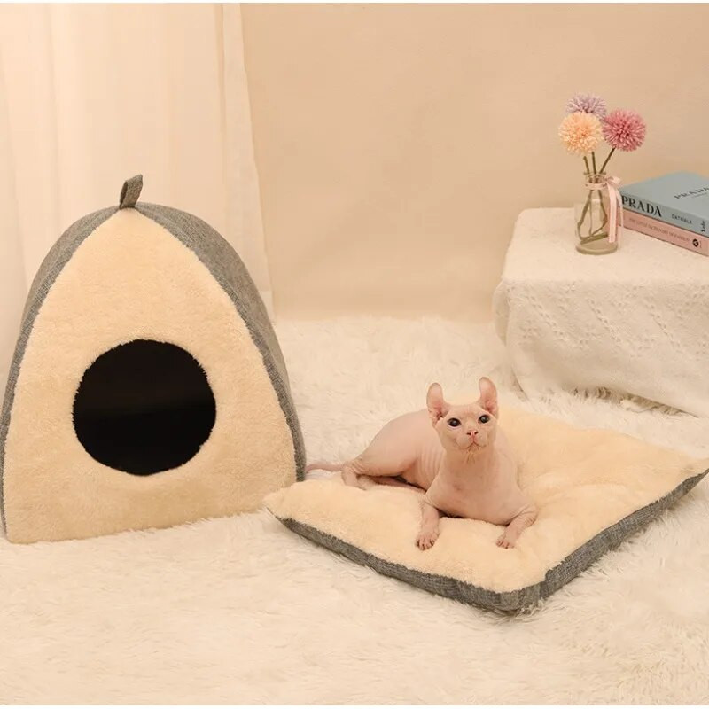 Топла и мека подложка за домашни любимци за котки и кучета Удебелено триъгълно котешко гнездо със затворена къща