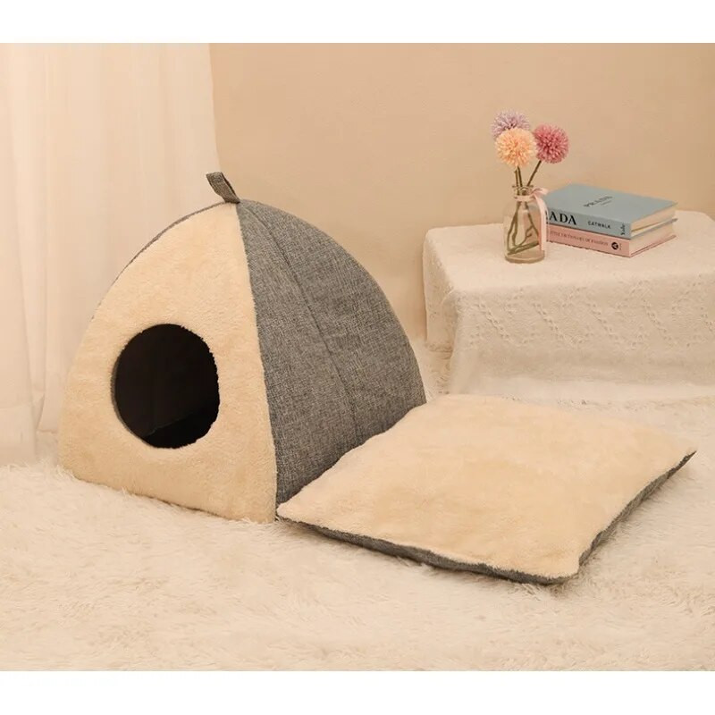Топла и мека подложка за домашни любимци за котки и кучета Удебелено триъгълно котешко гнездо със затворена къща