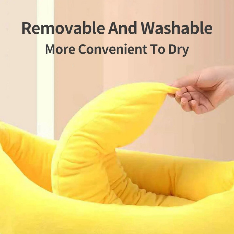 Hanpanda Подвижна миеща се анимационна бананова лодка Домашен любимец Чисто топло и меко кучешко легло Зимен спален котешки диван Памучна подложка