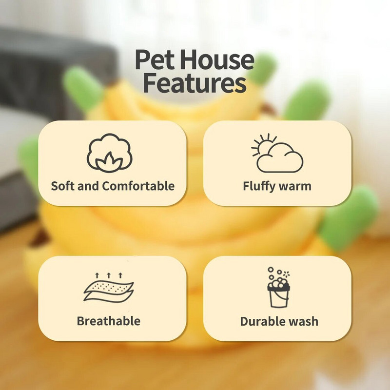 Hanpanda Подвижна миеща се анимационна бананова лодка Домашен любимец Чисто топло и меко кучешко легло Зимен спален котешки диван Памучна подложка