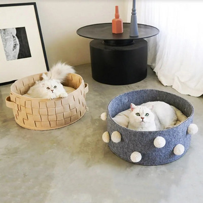 Πλεκτό καλάθι γάτας Φωλιά υφασμένη τσόχα φωλιά γάτας Ζεστό πτυσσόμενο στρογγυλό τσόχινο κρεβάτι γάτας Άνετο στρογγυλό κατοικίδιο για ύπνο για κουτάβι Κρεβάτι Άνοιξη