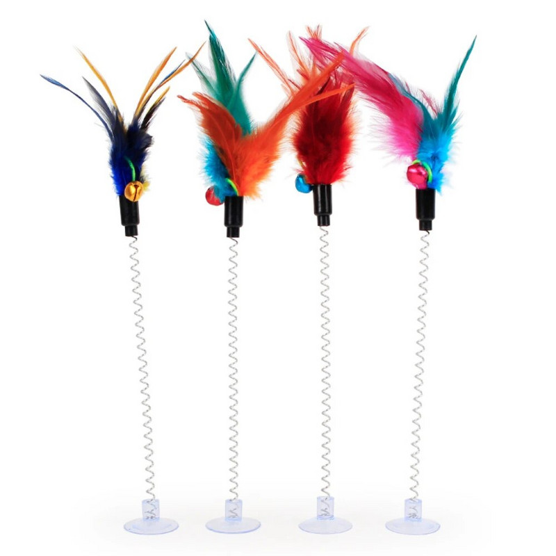Többszínű Feather Stick rugós játék szívás harangegér macskával, interaktív kisállatszerszám Rugalmas karcoló egerek kedvcsináló szórakozás