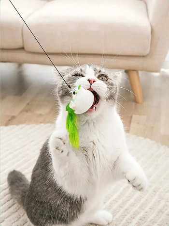 1 бр. Забавна котешка пръчка Cat Relieving Stuffy Self-Hi Feather Устойчива на ухапване стоманена тел Дълъг прът Малка играчка за коте