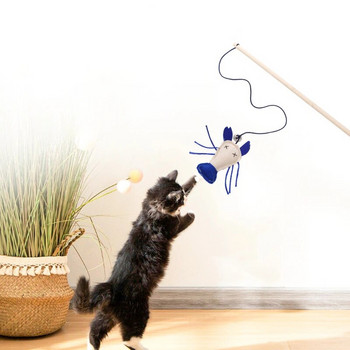 Pet Cat Teaser Multicolor Bird Feather Плюшена котка Дървена интерактивна Cat Catcher Stick Mouse Fish Cat Interactive Toys with Bell