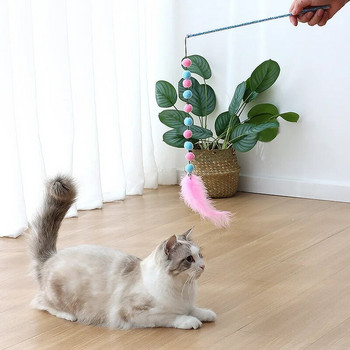 Интерактивни играчки за котки с пера за дразнене на котки Издръжливо коте Пръчка за игра Сладка многоцветна плюшена топка Стоки за домашни любимци Продукти за домашни любимци