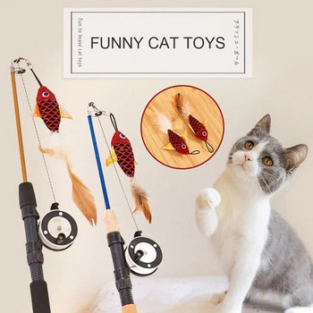 Pet Cat Toy Stick Feather Wand Toys Интерактивна телескопична въдица във формата на риба Cat Teaser Toy Supplies Random Color
