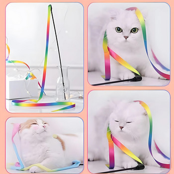 Διαδραστικό παιχνίδι Rainbow Stick για γάτες, Διαδραστικό κορδόνι Teaser για γάτες, Γούρια με πολύχρωμη κορδέλα, Κατάλληλο για τις περισσότερες γάτες και γατάκια