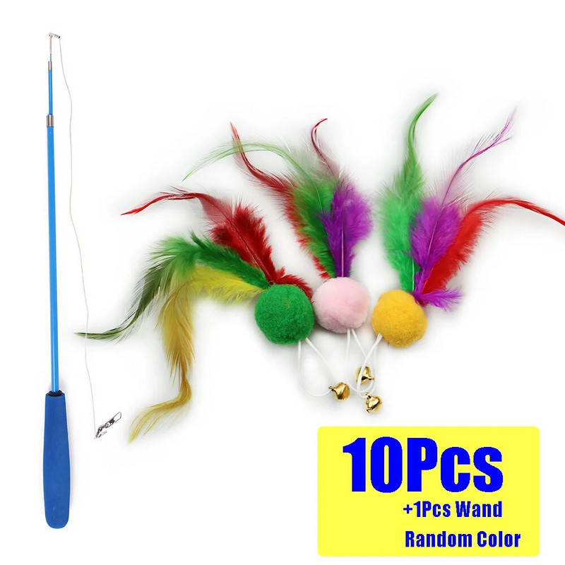 11 db-os macskajáték készletek macskapálca játék, visszahúzható macskatoll játékok és csengős utántöltők, interaktív cicajátékok macskáknak