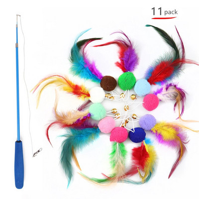 Cat Toys 11PCS Διαδραστικά παιχνίδια με φτερά γάτας Πτυσσόμενα παιχνίδια με ραβδί γάτας & ανταλλακτικό teaser με ανταλλακτικά κουδουνιών για άσκηση για γάτες