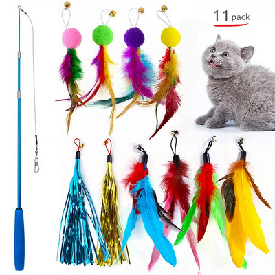 Cat Toys 11PCS Διαδραστικά παιχνίδια με φτερά γάτας Πτυσσόμενα παιχνίδια με ραβδί γάτας & ανταλλακτικό teaser με ανταλλακτικά κουδουνιών για άσκηση για γάτες
