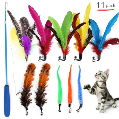 Cat Toys 11PCS Διαδραστικά παιχνίδια με φτερά γάτας Πτυσσόμενα παιχνίδια με ραβδί γάτας & ανταλλακτικό teaser με ανταλλακτικά κουδουνιών για άσκηση για γάτες