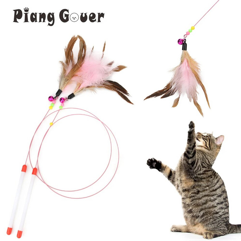Feather Cat Stick acél drót macska teaser haranggal Vicces tollas pálca kisállatjáték