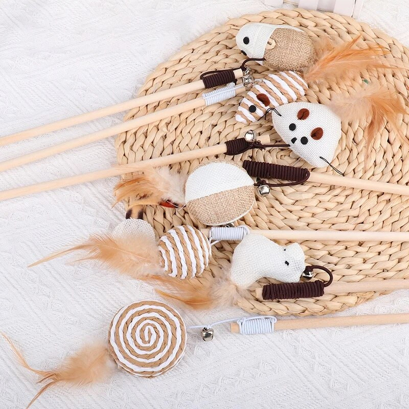 Macska kötekedő toll játékok cica Vicces pálca fa interaktív bot Játszik kisállatfogó egerek hal csibe madár beltéri játékok kellékek