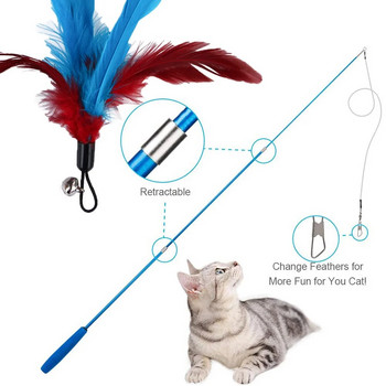 Интерактивни играчки за котки Играчки с пръчици от пера Прибиращ се пълнител за звънец от пера Резервен уловител Продукт за скучни котки на закрито Подаръци