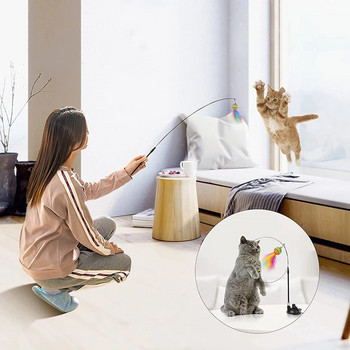 Διαδραστικό παιχνίδι γάτας με φτερά ραβδί για γάτα Αντικατάσταση αξεσουάρ κεφαλής με κουδούνι για γατάκι που παίζει ραβδί παιχνιδιών για γάτες