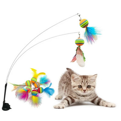 Cat Toys Interactive Funny Cat Feather Wand Suction Cup Ball Feathers Replacements with Bells for Indoor Cats Kitten Exercise